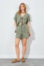 Kadın Haki Düşük Kol Bağlamalı Bluzlu Şortlu Keten Takım
