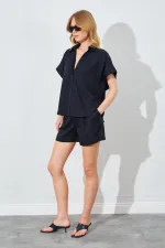 Kadın Siyah Oversize Düşük Kol Gömlek Şortlu Takım