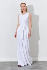 Kadın Beyaz Kolsuz Kuşak Bağlamalı Double Paça Tulum