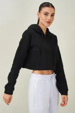 Women's Black Hooded Skirt with Messy Stitching Crop Sweatshirt