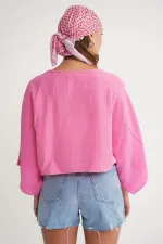 Kadın Pembe Yarasa Kol Ön Bağlamalı Gömlek