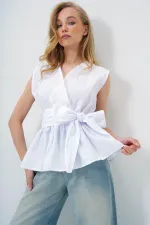 Kadın Beyaz Beli Kuşaklı Sıfır Kol Midi Gömlek Kadın Beyaz Beli Kuşaklı Sıfır Kol Midi Gömlek