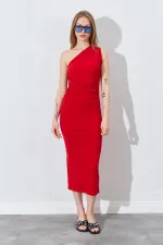 Kadın Kırmızı Tek Omuz Yanı Drapeli Sandy Elbise
