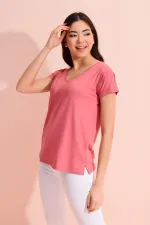 T-shirt ample à col en V rose pour femme