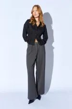 Women's Anthracite Wide-Leg Wool-Effect Trousers with Internal Belt