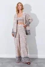 Kadın Vizon Croplu-Palozzo Pantolonlu Desenli Takım