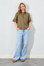 Kadın Haki Düşük Kol Tek Cepli Gömlek