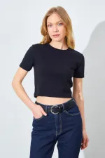 Kadın Siyah (25608) Bisiklet Yaka Düşük Kol Full Likra Ribana Crop Tişört