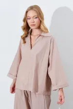 Kadın Vizon Derin V Yakalı Dirsek Kol Salaş Gömlek