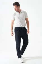 Erkek V002-Lacivert Yandan Lastikli Keten Efektli Tristan Dokuma Tek Pileli Duble Paça Pantolon