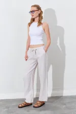 Kadın Taş Beli İp Bağlamalı Keten Yan Cepli Bol Paça Pantolon