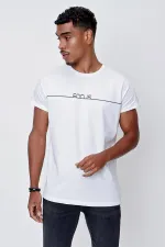 Erkek Ekru Bisiklet Yaka Focus Baskılı Tişört