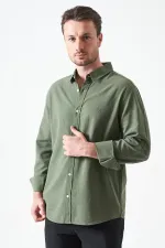 Erkek Haki Uzun Kol Basic Pamuk Flam Regular Gömlek