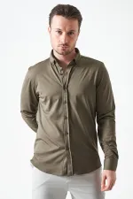 Erkek Haki Uzun Kol Ripaş Dalgıç Slim Fit Gömlek