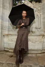 Kadın Kahve Bisiklet Yaka Desenli Volanlı Elbise(111)