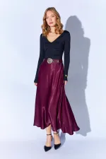Jupe longue en satin ceinturée prune 3499 pour femme