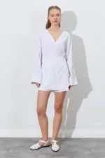 Kadın Naturel Kruvaze Yaka İp Bağlamalı Ceket