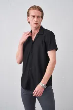 Erkek Siyah Kısa Kollu Ottoman Kumaş Apaş Yaka Gömlek