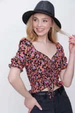 Kadın Desen-1 Gipeli Ön Büzgülü Crop Bluz
