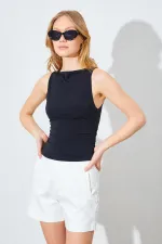 Kadın Siyah Kayık Yaka Yanları Büzgülü Sandy Bluz