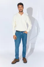 Erkek Ekru Ayaklı V Yaka Fitilli Basic Triko