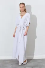 Kadın Naturel Düşük Kol Beli Tünel Kemerli Keten Uzun Elbise