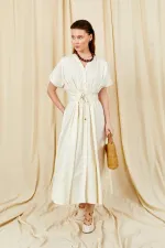 Kadın Ekru 199 Düşük Kol Pile Detaylı Önü Düğmeli Poplin Elbise