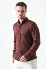 Erkek Kahve Uzun Kol Ripaş Dalgıç Slim Fit Gömlek
