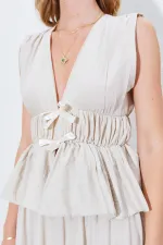 Kadın Taş Kolsuz Beli Gipeli Fiyonk Desenli Bluz