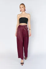 Kadın Mürdüm Beli Fular Kemerli Floş Saten Bol Paça Pantolon