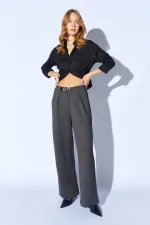 Women's Anthracite Wide-Leg Wool-Effect Trousers with Internal Belt