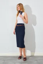Kadın Lacivert İnce Kemerli Poliviskon Midi Boy Etek