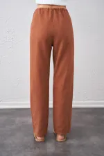 Kadın Kiremit Bel Bağlamalı Bağcıklı Keten Pantolon