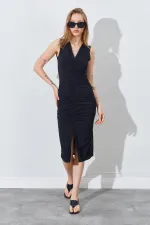 Kadın Siyah V Yaka Drapeli Kolsuz Sandy Elbise