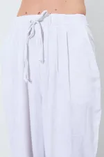 Kadın Naturel Beli Lastikli Havuç Kesim Keten Pantolon