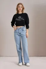 Kadın Siyah Resort Paris Baskılı Üç İplik Crop Sweatshirt