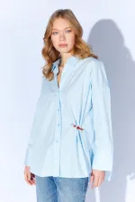 Kadın Mavi Önü Kısa Arkası Uzun Oversize Poplin Gömlek