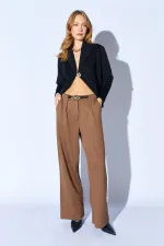 Kadın Kahve İçten Kemerli Bol Paça Yün Efekt Pantolon