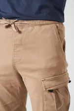 Erkek Bej Beli Ribanalı Örme Parça Boya Kargo Şort