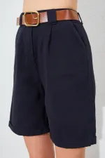 Kadın Siyah Yüksel Bel Beli Kemerli Gabardin Şort