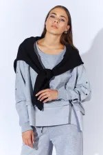 Women's Grey Melange Crew Neck Sweatshirt with Snap Button Sleeves and Dropped Shoulders