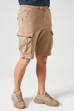 Erkek Bej Beli Ribanalı Örme Parça Boya Kargo Şort