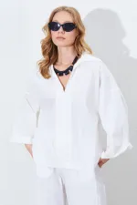 Kadın Kemik Derin V Yakalı Dirsek Kol Salaş Gömlek