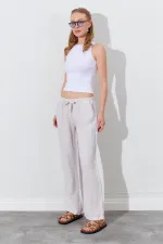 Kadın Taş Beli İp Bağlamalı Keten Yan Cepli Bol Paça Pantolon