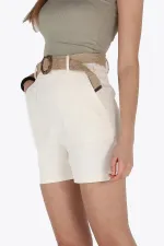Kadın Naturel Beli Kemerli Balık Sırtı Gabardin Kumaş Şort