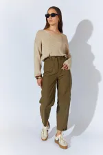 Kadın Haki Beli Düğmeli Çift Dikişli Pantolon