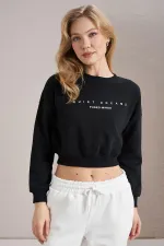 Women's Black Quiet Dreams Print Three-Thread Crop Sweatshirt