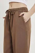 Kadın Kahve Beli Bağlamalı Geniş Piş Dikişli Paça Pantolon