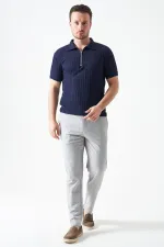 Erkek Lacivert Ayaklı Yaka Fermuarlı Ağır Jakar Tişört