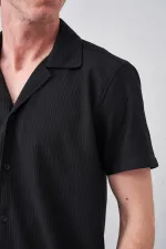Erkek Siyah Kısa Kollu Ottoman Kumaş Apaş Yaka Gömlek